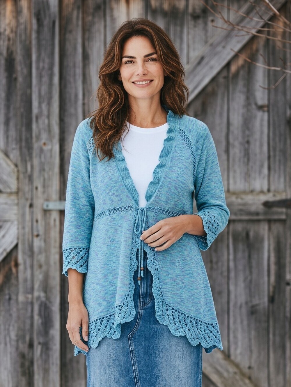 Vintage Y2K Blue Tie-Front Crochet-Trim Cardigan